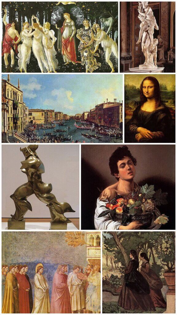 A collage of famous artworks from the Renaissance depicting the Mona Lisa, Vitruvian Man, Primavera, The School of Athens, and the Dome of the Florence Cathedral