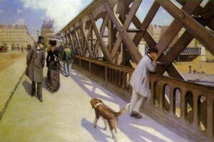 Gustave Caillebotte's Le Pont de l'Europe painting capturing the essence of Parisian urban life in the late 1800s. 