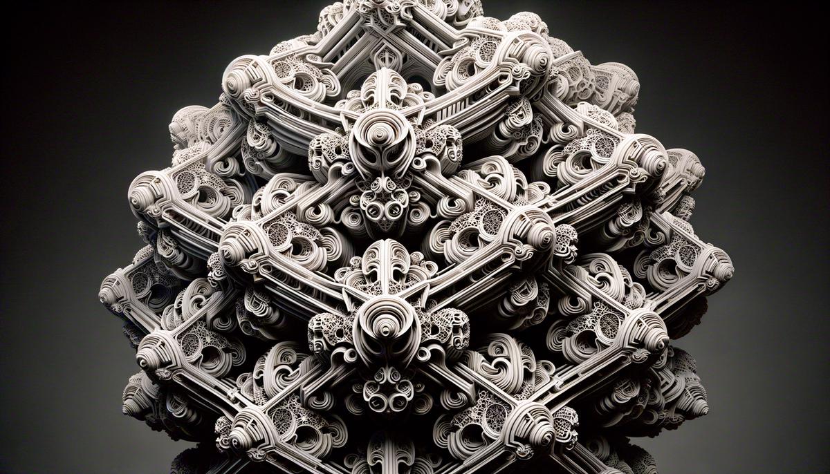 A complex 3D printed sculpture with intricate, repetitive patterns