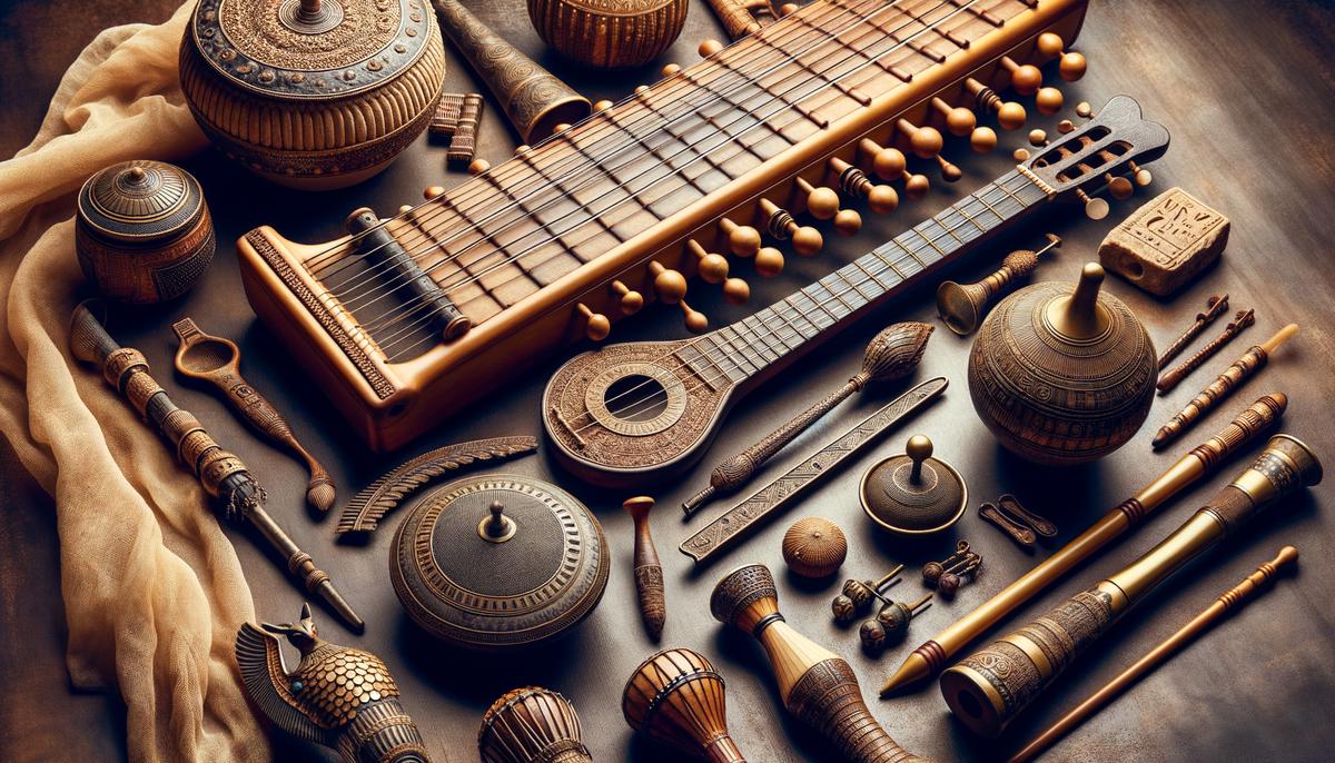 An image showcasing a variety of Mesopotamian and Ancient Egyptian musical instruments such as lyres, harps, flutes, and sistrums made from materials like wood, metal, and animal skins.