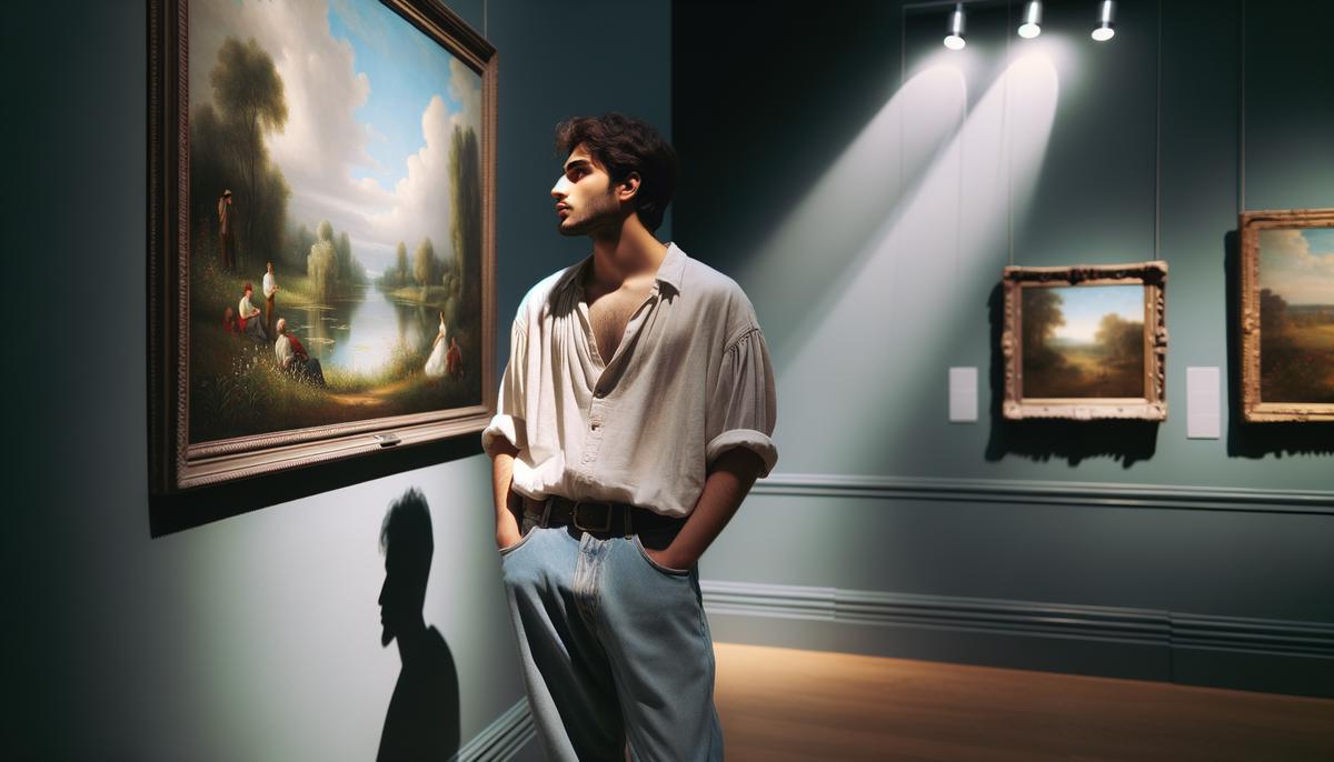 A person observing a painting in a gallery.