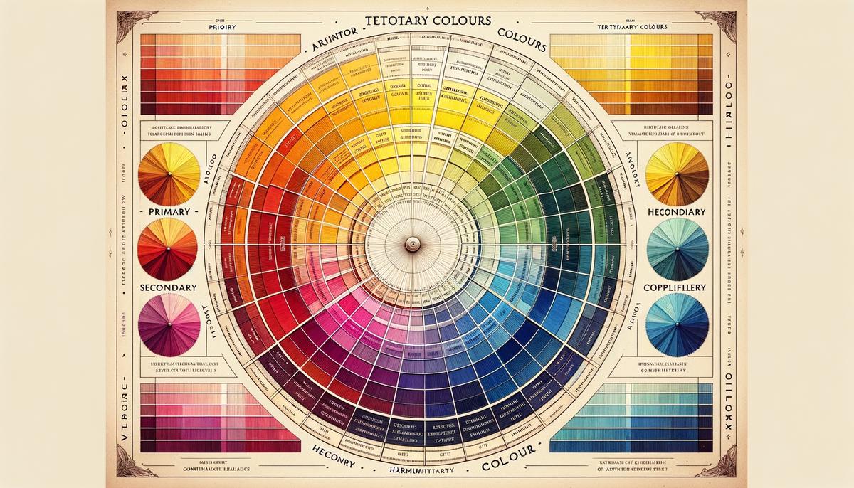 An image showing a detailed colour wheel with primary, secondary, and tertiary colours, demonstrating harmonious and complementary colour combinations