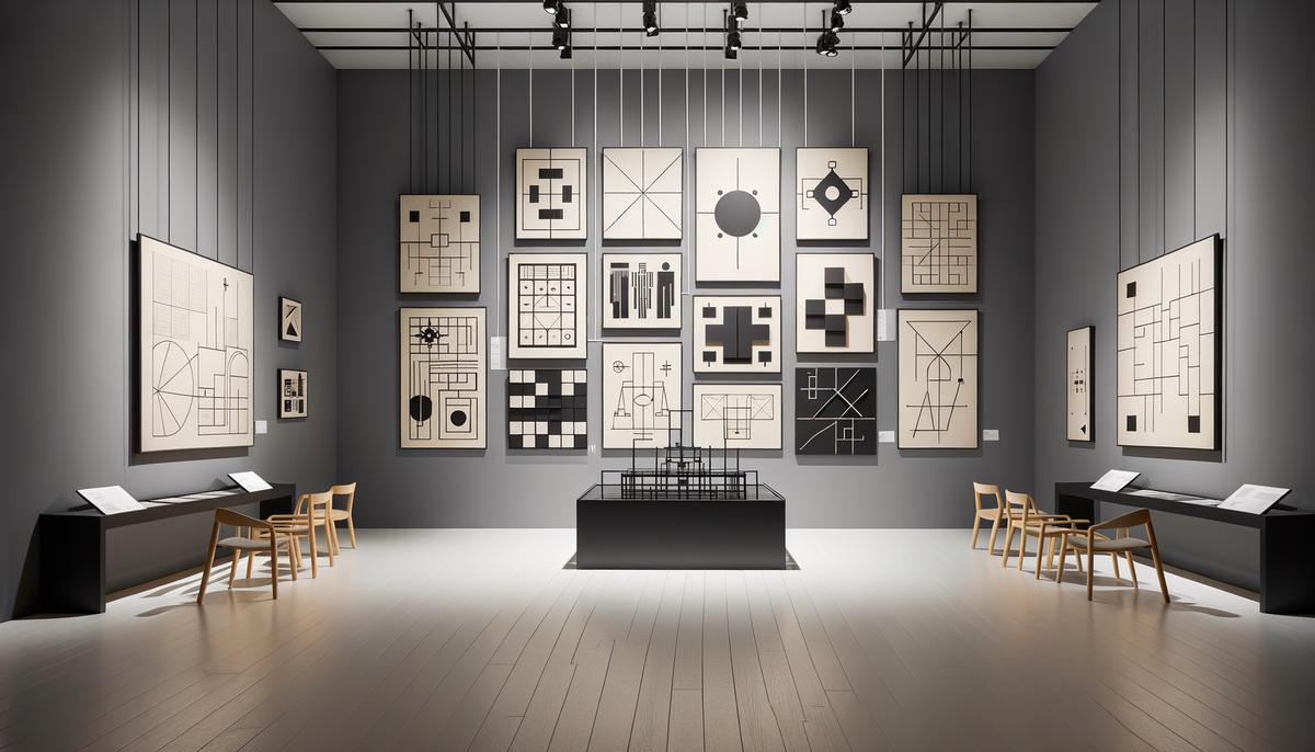 A contemporary art gallery showcasing minimalist art installations and digital art exhibits