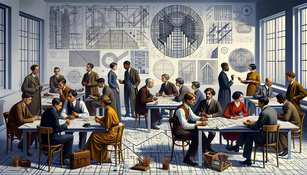 A realistic image depicting a group of artists and architects in early 20th-century Russia discussing and working on Constructivist art and architecture
