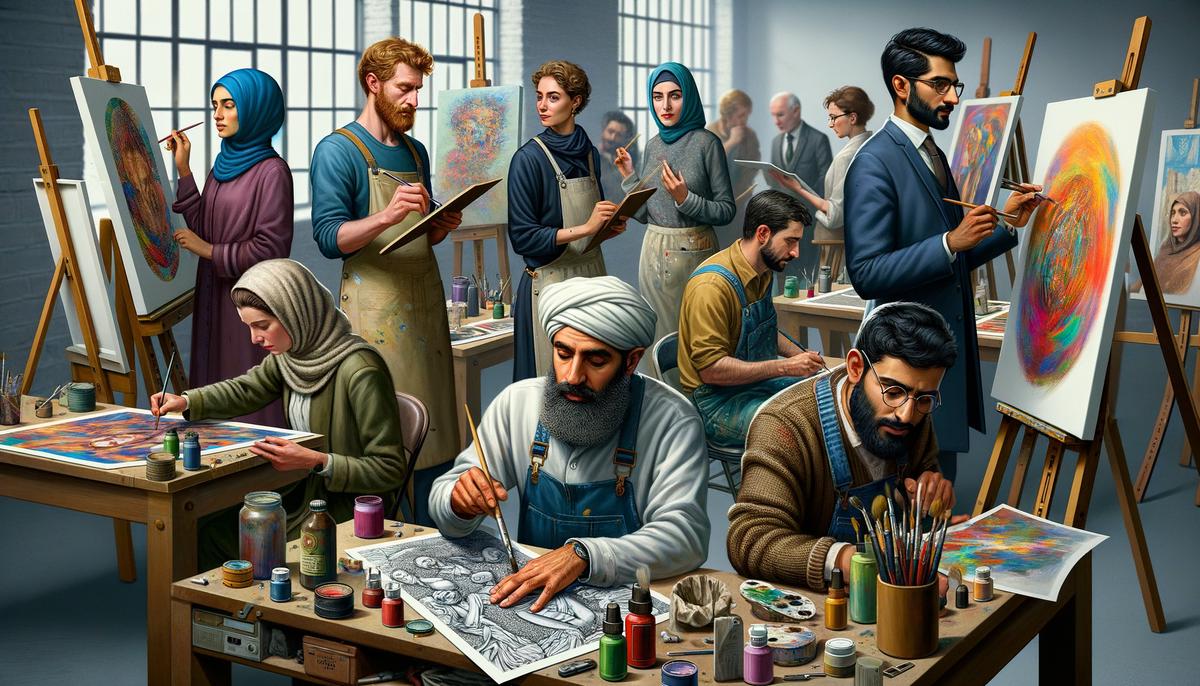 A realistic image showcasing a diverse group of contemporary British artists working on their art in a studio setting