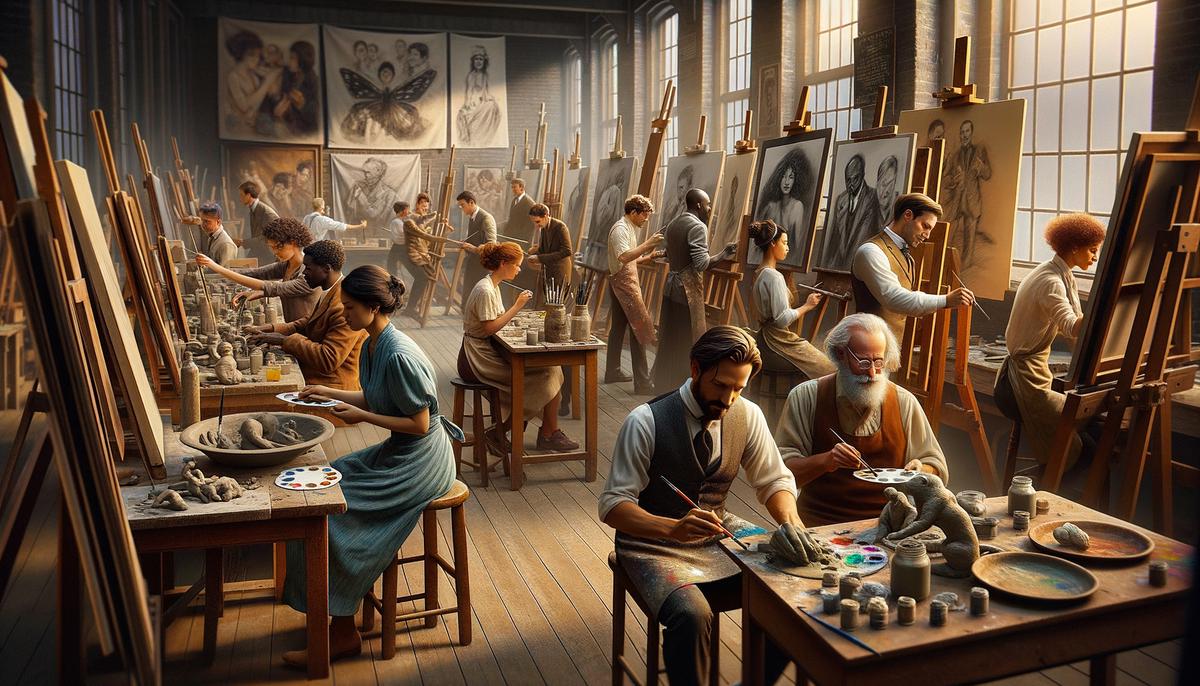 A realistic image depicting contemporary British artists at work in a studio