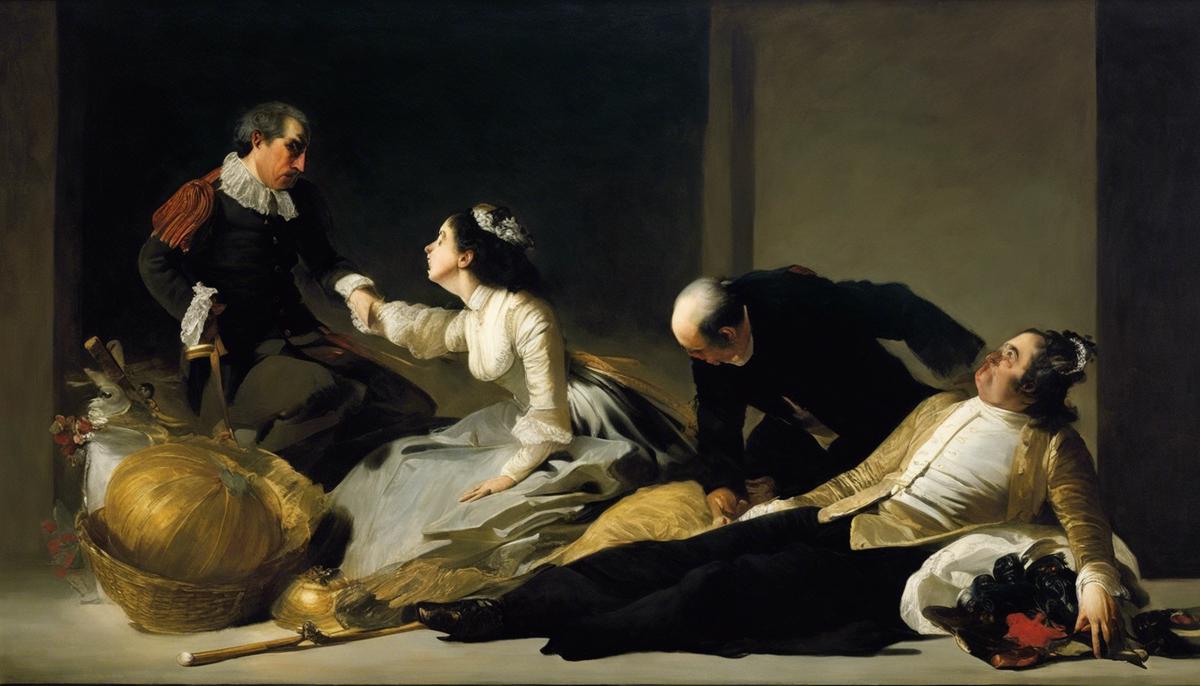 A realistic image depicting the influence of Francisco de Goya on modern art, showcasing elements of human suffering, macabre themes, surrealism, pop art, and contemporary art movements.