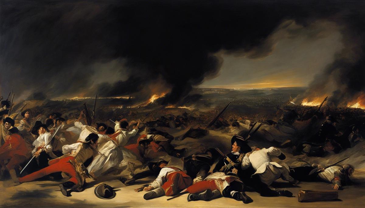 A realistic and detailed image depicting Francisco de Goya's 'Caprichos' and 'The Disasters of War' series, showcasing the social commentary, brutality of war, and critique of authority figures in Spanish society