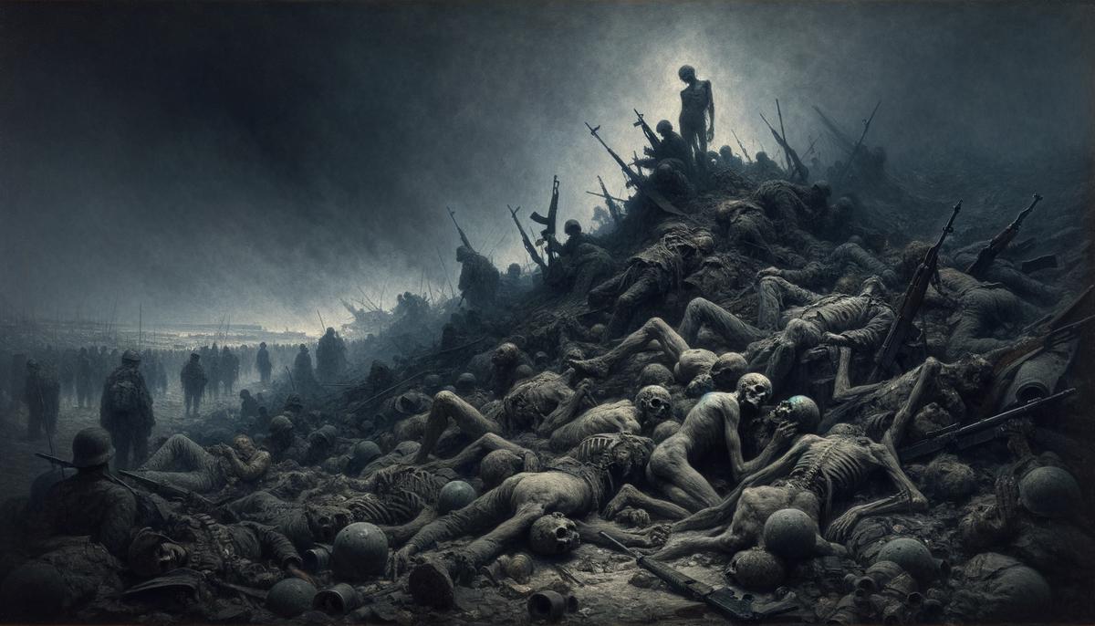 A realistic and detailed image depicting the horrors of war, capturing human suffering, despair, and the aftermath of conflict.