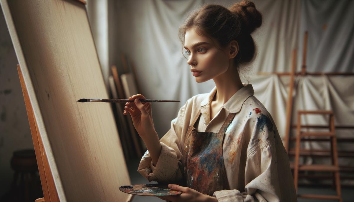 Georgia O'Keeffe holding a paintbrush in front of a canvas