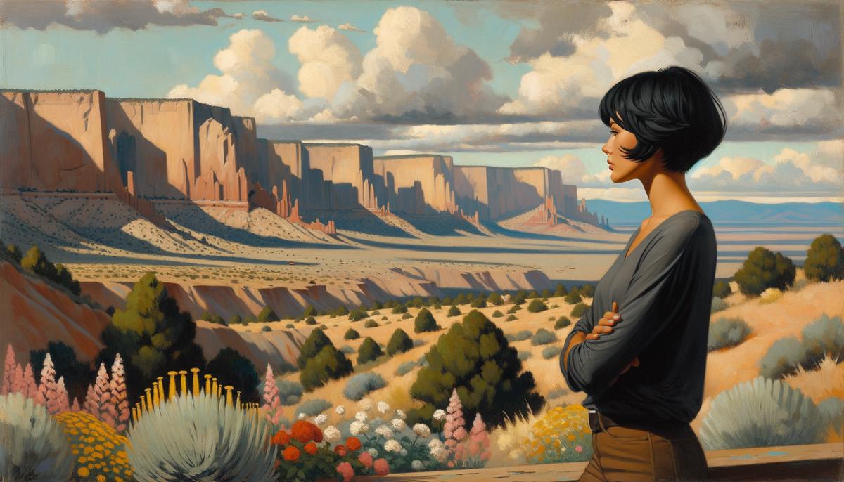 Painting of Georgia O'Keeffe surrounded by the landscapes of New Mexico