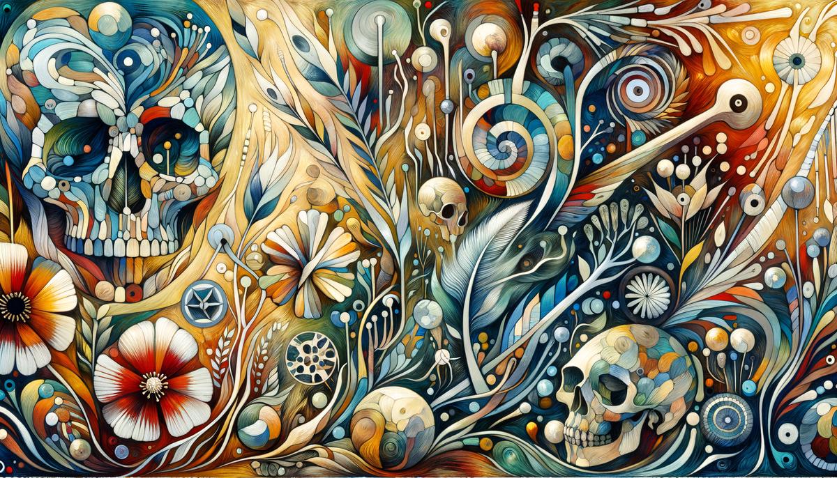 A depiction of Georgia O'Keeffe's profound connection with nature through the motifs of flowers, bones, and landscapes in her artwork