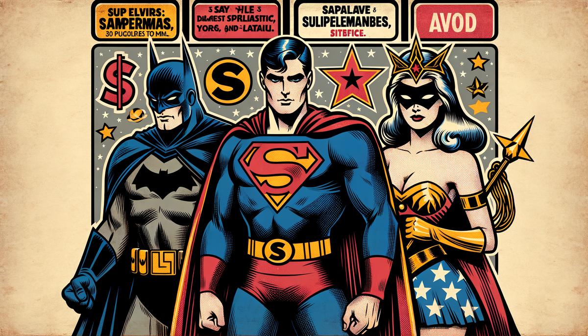 Illustration of a comic book cover featuring Superman, Batman, and Wonder Woman, iconic characters from the Golden Age of Comics