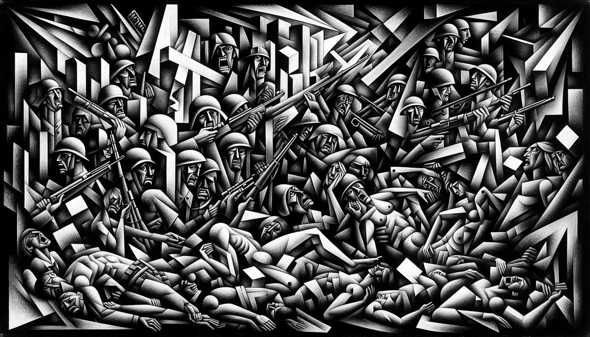 Painting of Pablo Picasso's Guernica, a black-and-white masterpiece depicting the horrors of war and a plea for peace