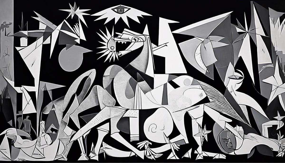 An image depicting Pablo Picasso's Guernica mural, showcasing the agony and chaos of war in stark black, white, and grey tones.