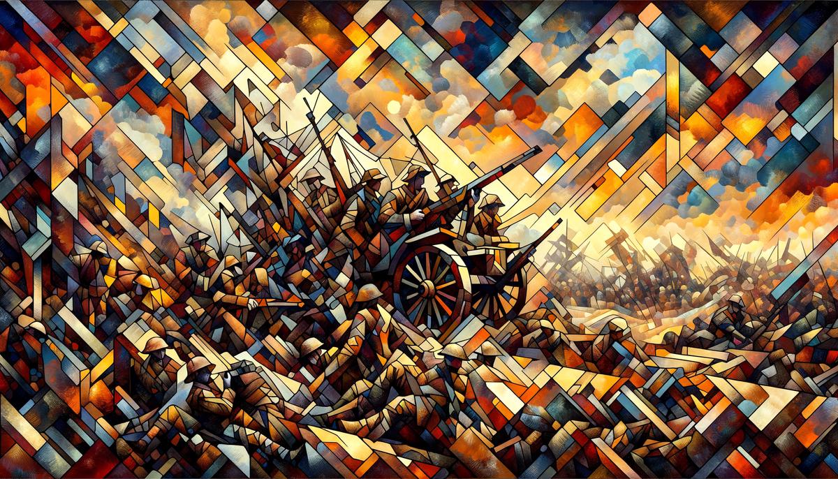 A realistic and detailed image inspired by Picasso's Guernica painting, showcasing the chaos of warfare, disorienting perspectives, and emotional resonance