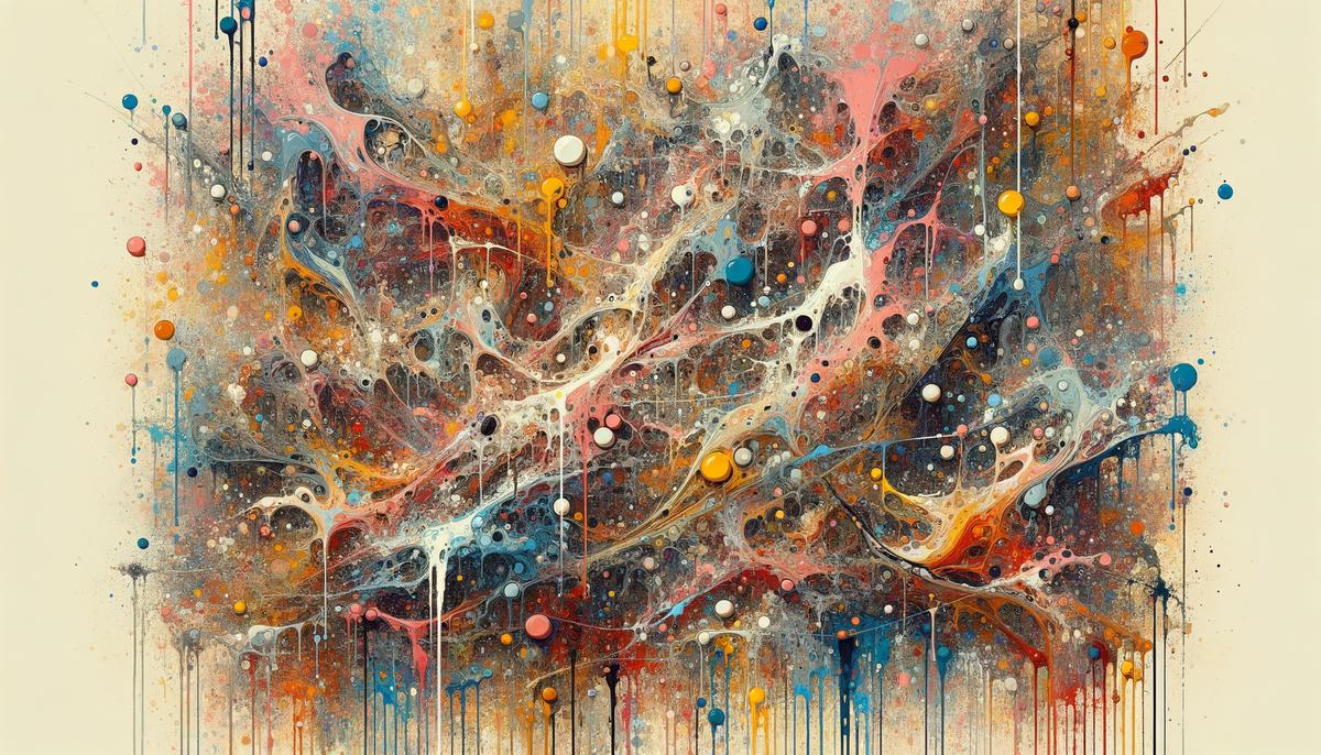 A realistic image of a Jackson Pollock painting with intricate layers of drips and splatters in various colors, showcasing the raw emotion and energy of abstract expressionism