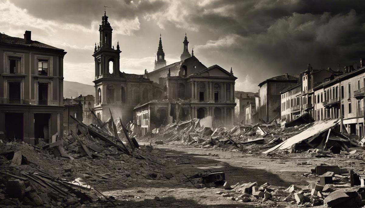 The image depicts a historic photograph of the devastation in Guernica after the bombing, showing destroyed buildings and rubble, symbolizing the impact of the event.