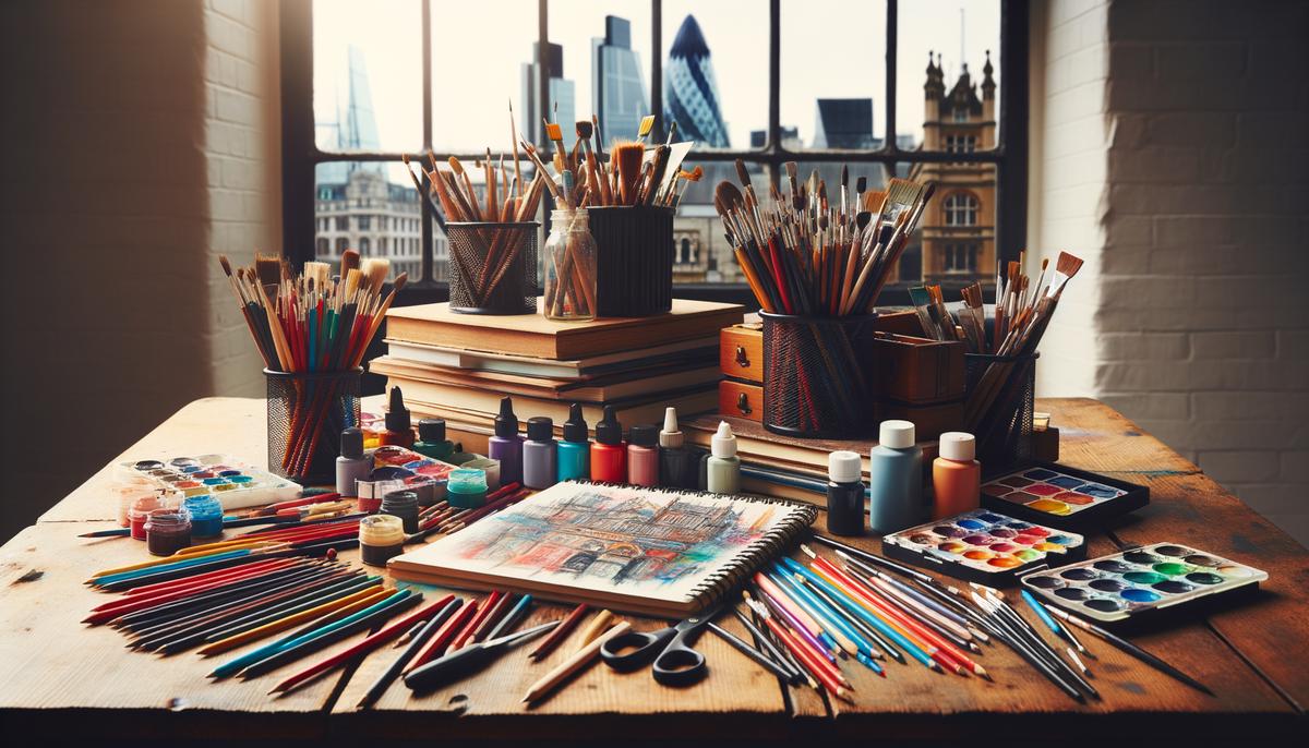 A variety of art supplies and tools spread out on a table, ready for a creative session in London's art workshops