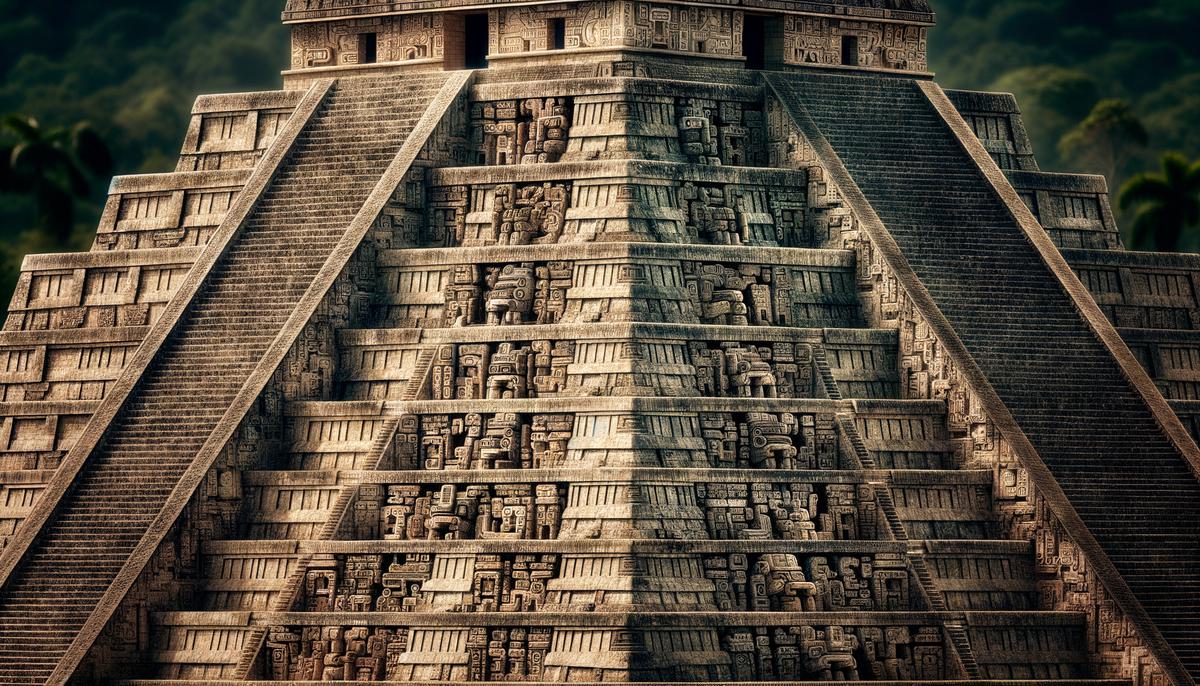 Mayan stepped pyramid with intricate carvings and sculptures