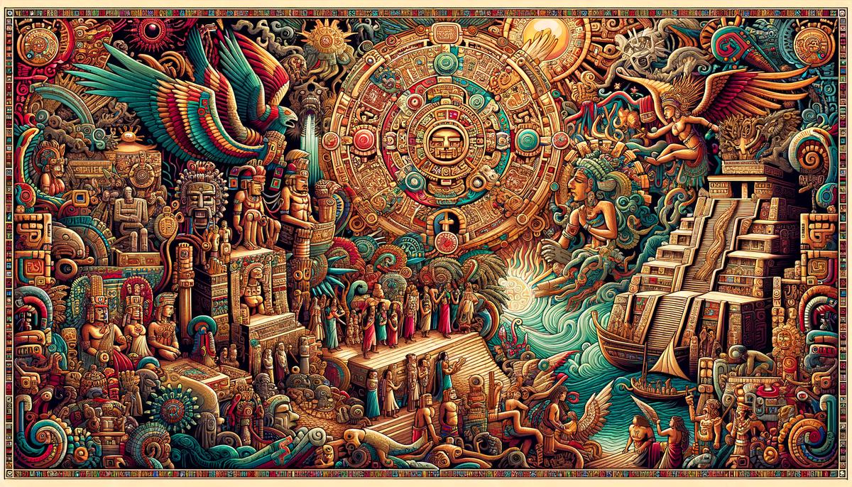 An intricate and vibrant tapestry depicting Mayan religious beliefs and mythological stories