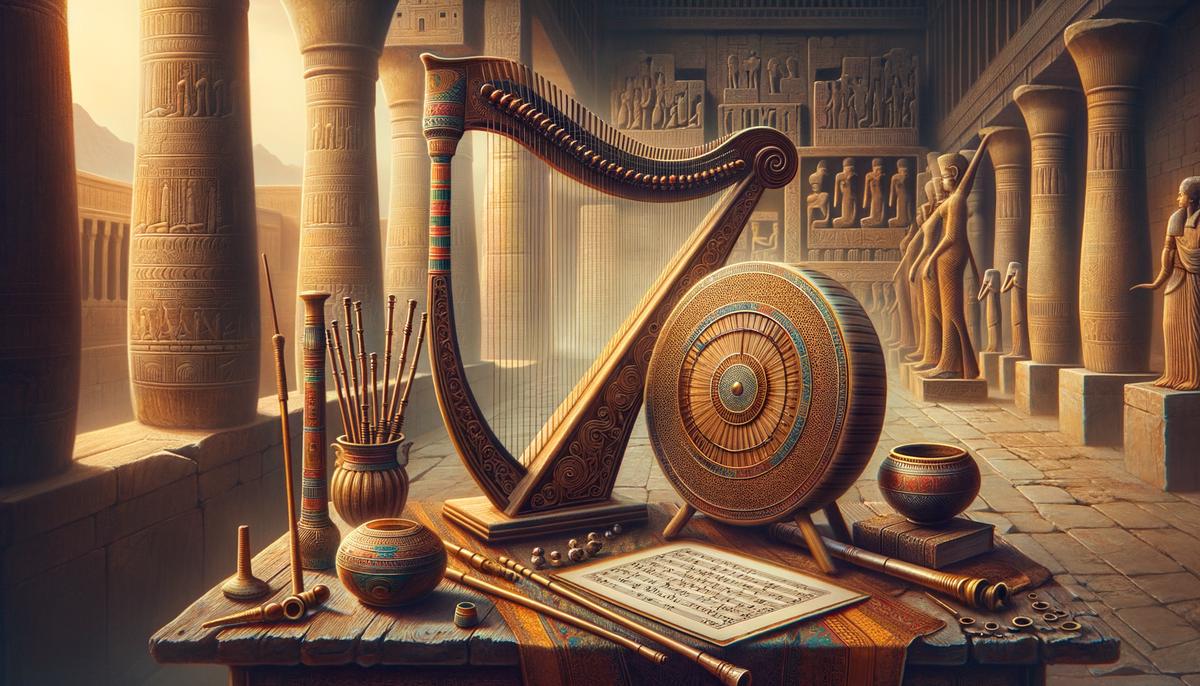 An image depicting ancient musical instruments like the lyre and flute in Mesopotamia and Ancient Egypt