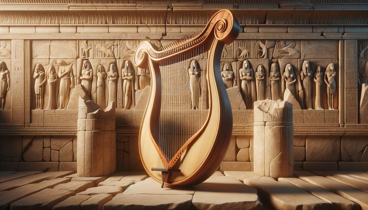 An image depicting ancient musical instruments such as lyres and harps in Mesopotamia and Ancient Egypt