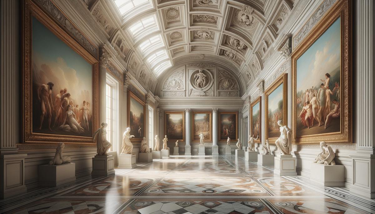 Neoclassical art gallery with sculptures and paintings