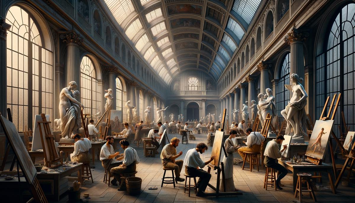 Neoclassical artists creating masterpieces in a grand art studio