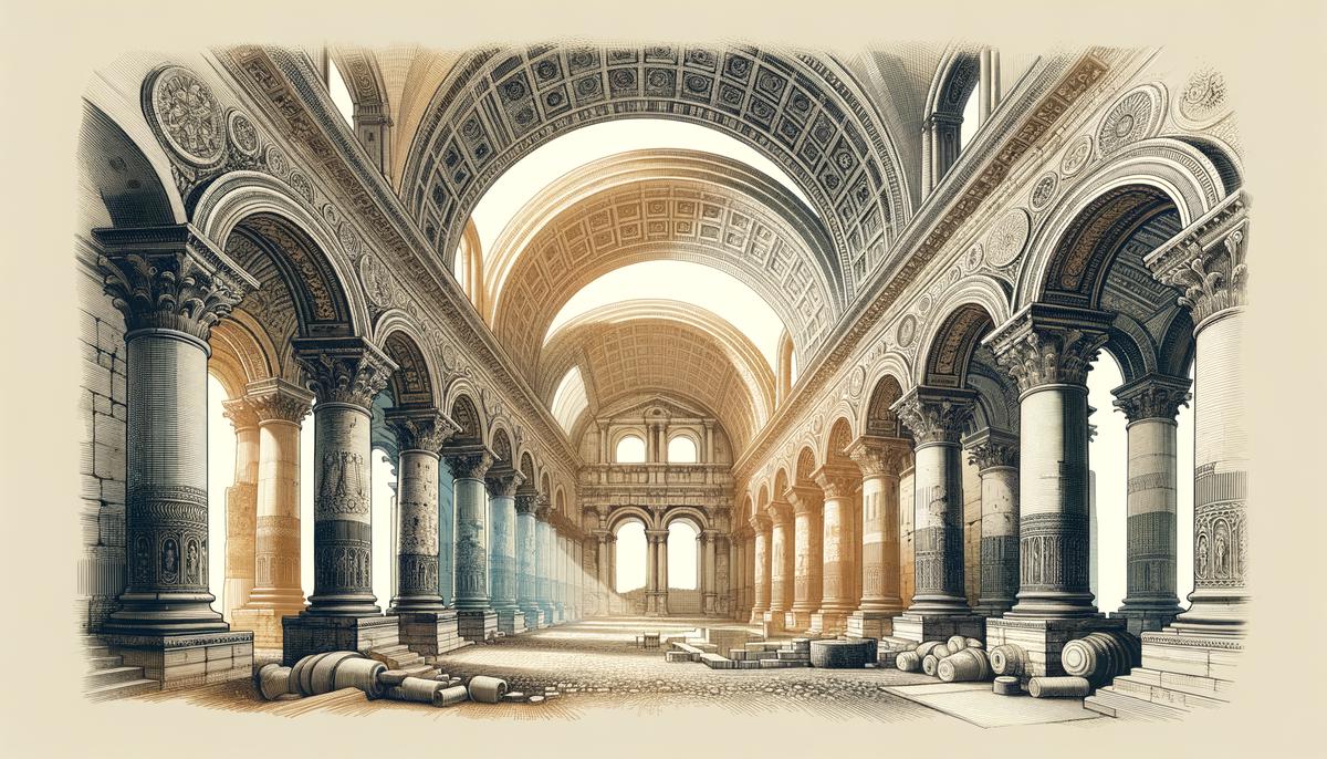 A realistic depiction of Roman architecture showcasing arches, vaults, and concrete structures