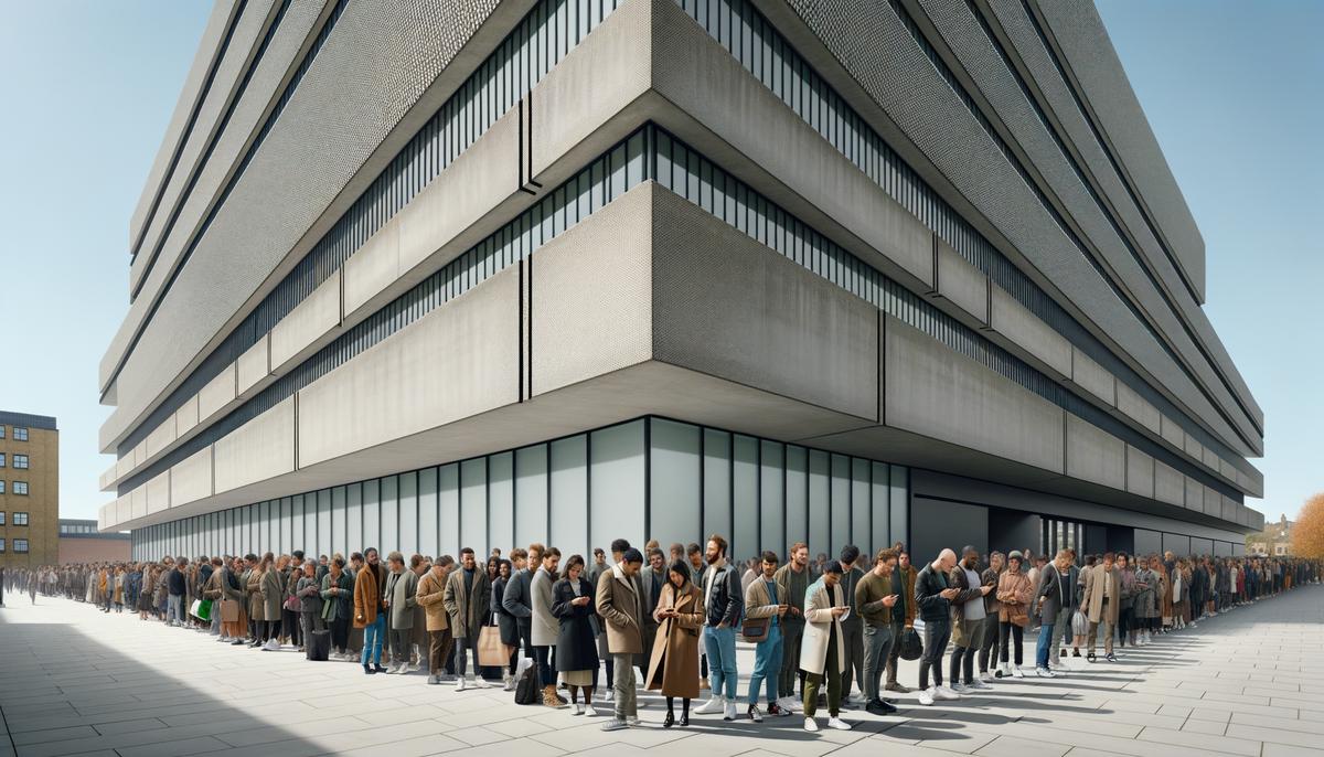 Tate Modern museum exterior with a crowd of people lining up to enter