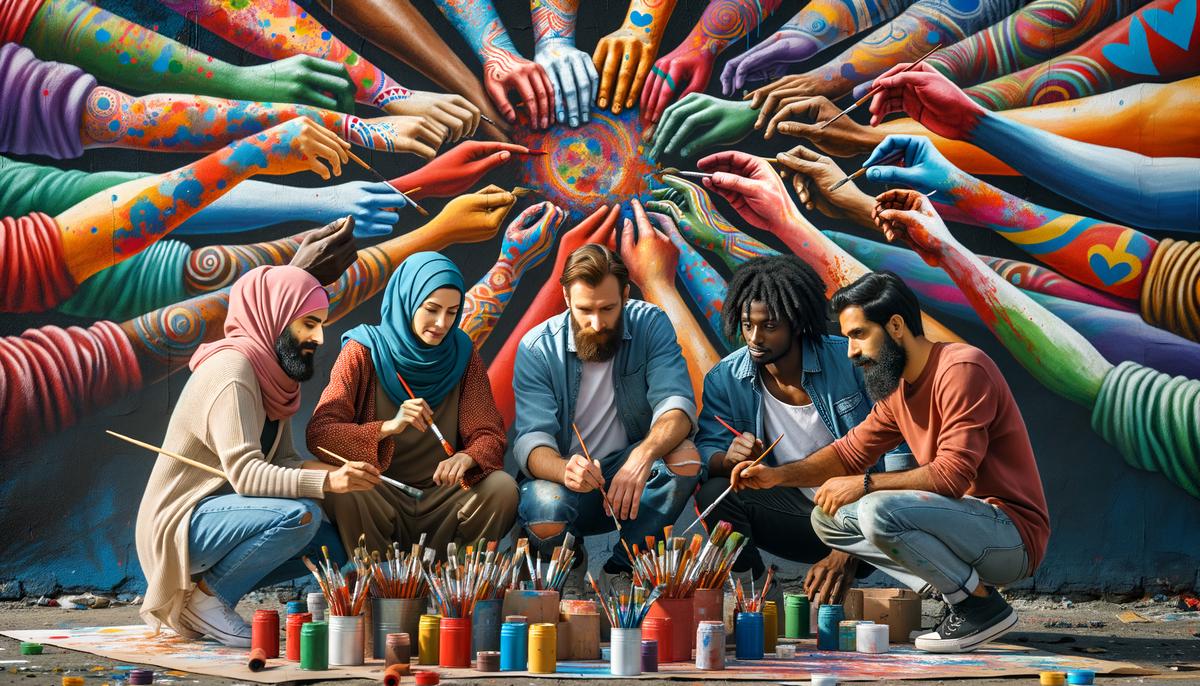 Artists collaborating on a mural, showcasing the power of teamwork in the art world