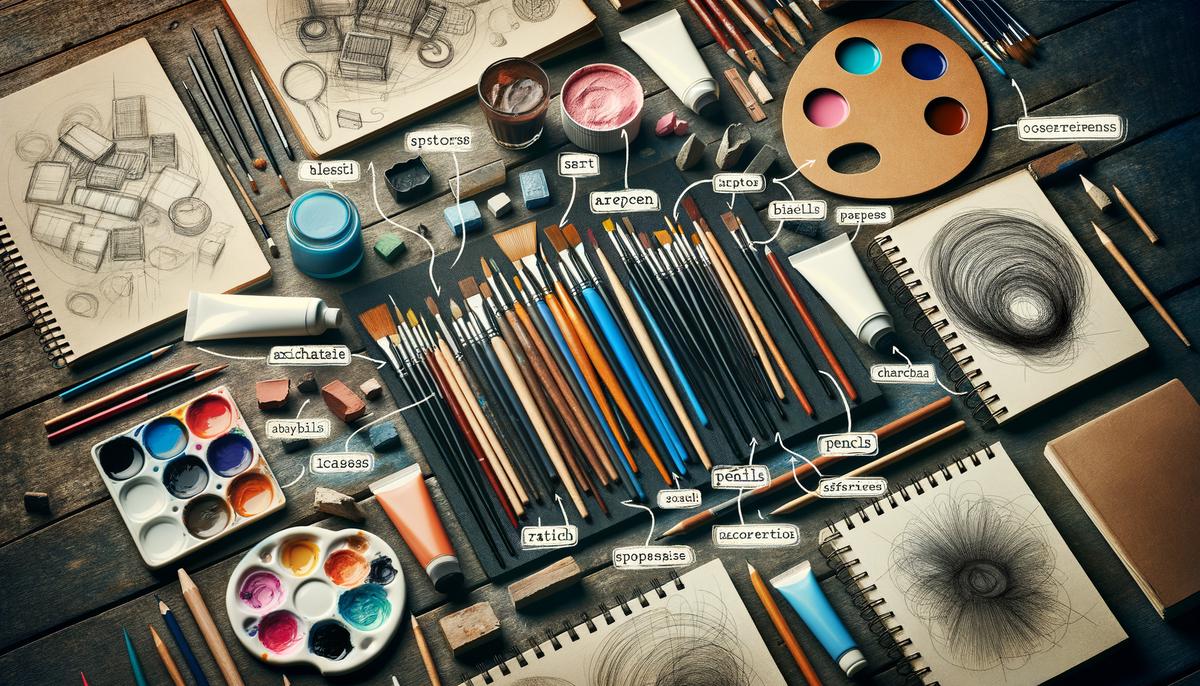 Various art supplies scattered on a table, representing strategies for UK artists