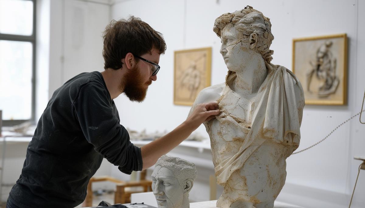 Art conservators using advanced 3D scanning technology to create a precise digital model of a damaged sculpture to aid in restoration planning