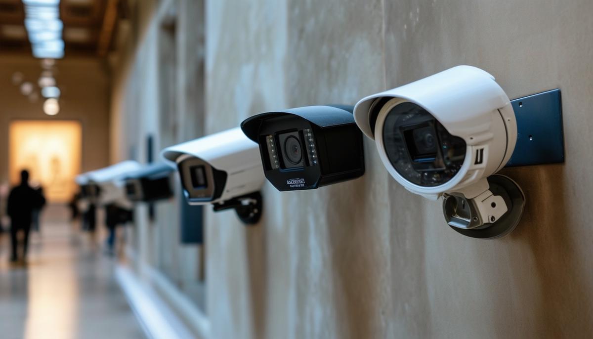 An array of advanced security measures employed by modern museums to protect their collections, including motion detectors, high-resolution CCTV cameras, and alarm systems.