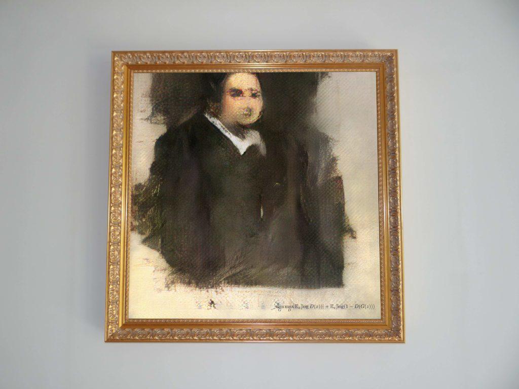 The AI-generated Portrait of Edmond Belamy displayed in an auction house