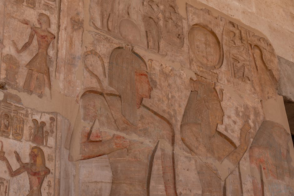 An ancient Egyptian temple wall with intricate paintings and hieroglyphics, depicting healing rituals and musical performances