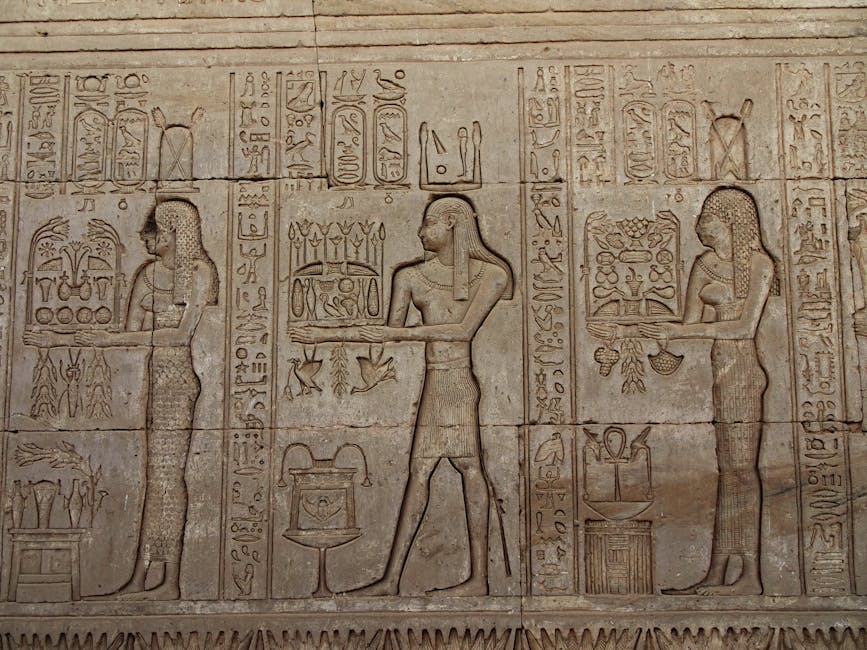 Intricate ancient Egyptian hieroglyphs carved into stone, representing a confluence of divinity, nature and humanity