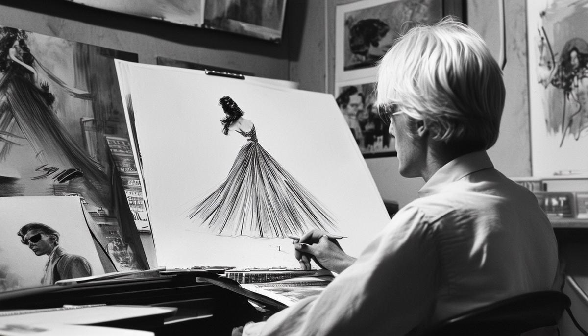 Andy Warhol working on his early commercial illustrations for fashion magazines, showcasing his unique style and innovative techniques that later influenced his pop art.