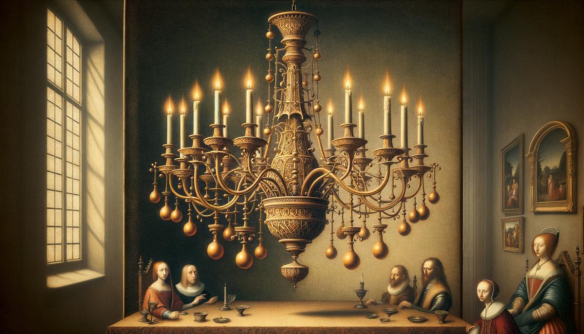 The intricate chandelier in the Arnolfini Portrait with a missing candle