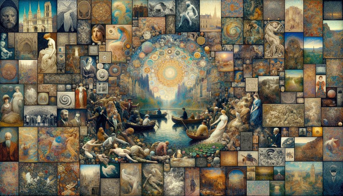 Collage of various famous artworks throughout history, representing different eras and cultures