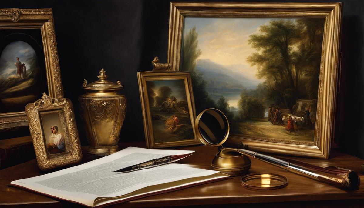 Image depicting a magnifying glass examining an artwork, symbolizing the investigation and scrutiny involved in art forgery and authentication.