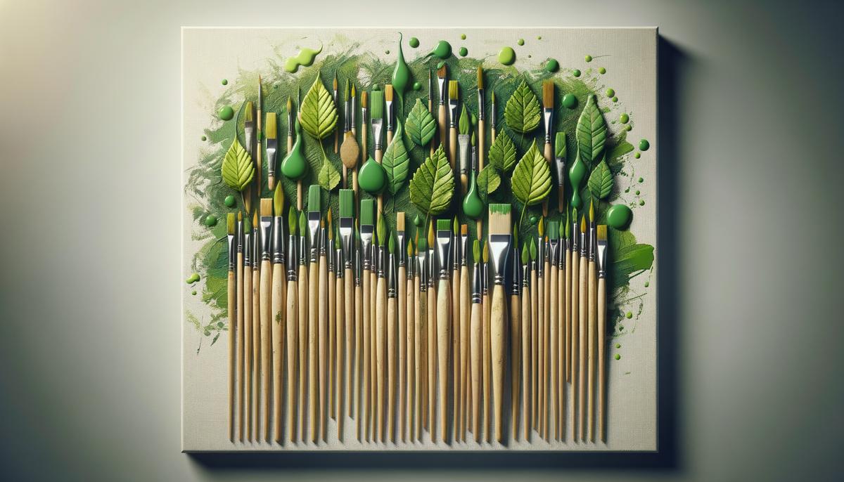 Paintbrushes dipped in green paint on a canvas, symbolizing sustainable art practices. Avoid using words, letters or labels in the image when possible.