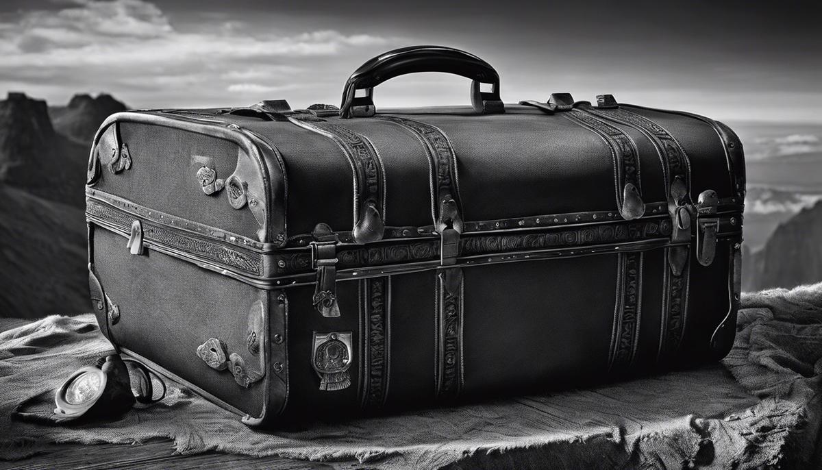 A black and white image depicting an ancient artifact being smuggled in a suitcase.