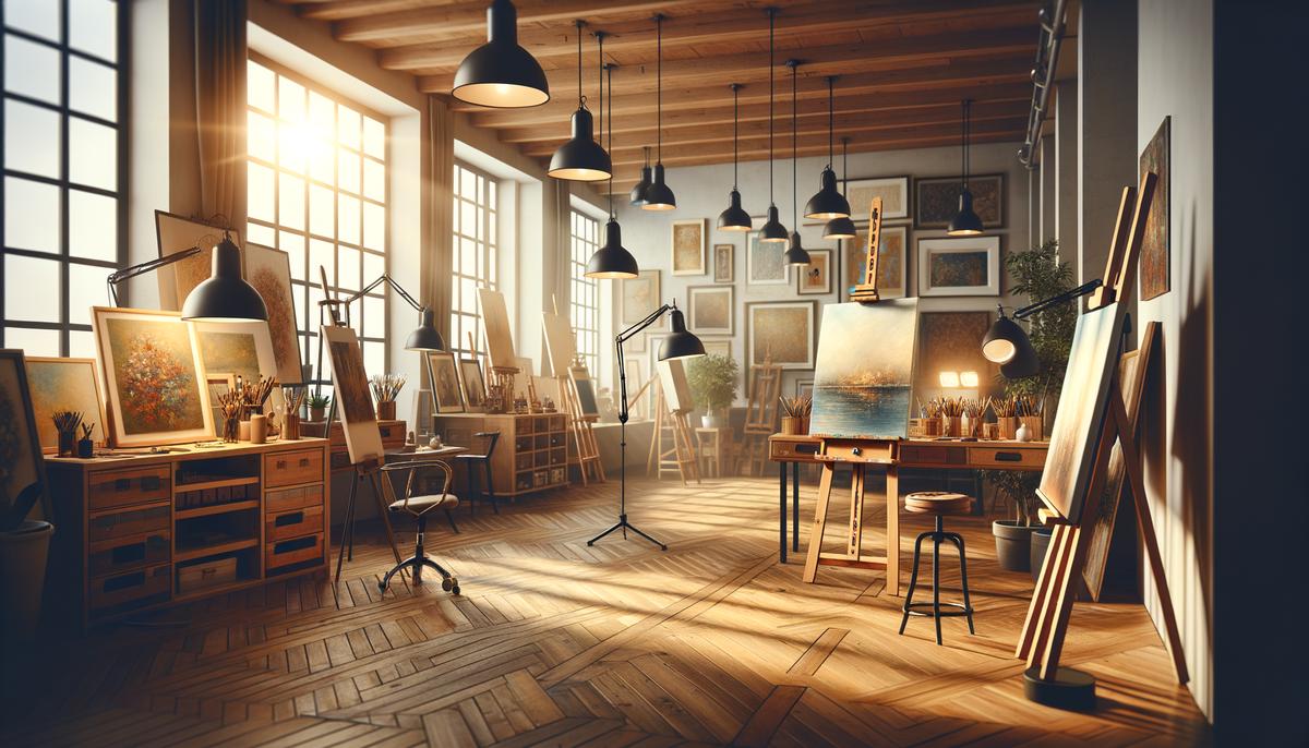 An art studio space with good natural light from a window and adjustable lamps for task lighting.