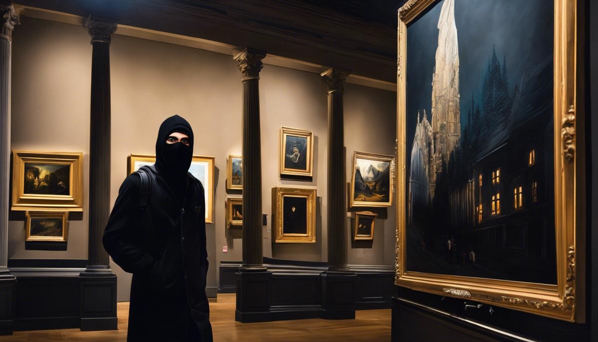 Illustration of someone wearing a black ski mask, carrying a painting, and sneaking out of a museum at night.