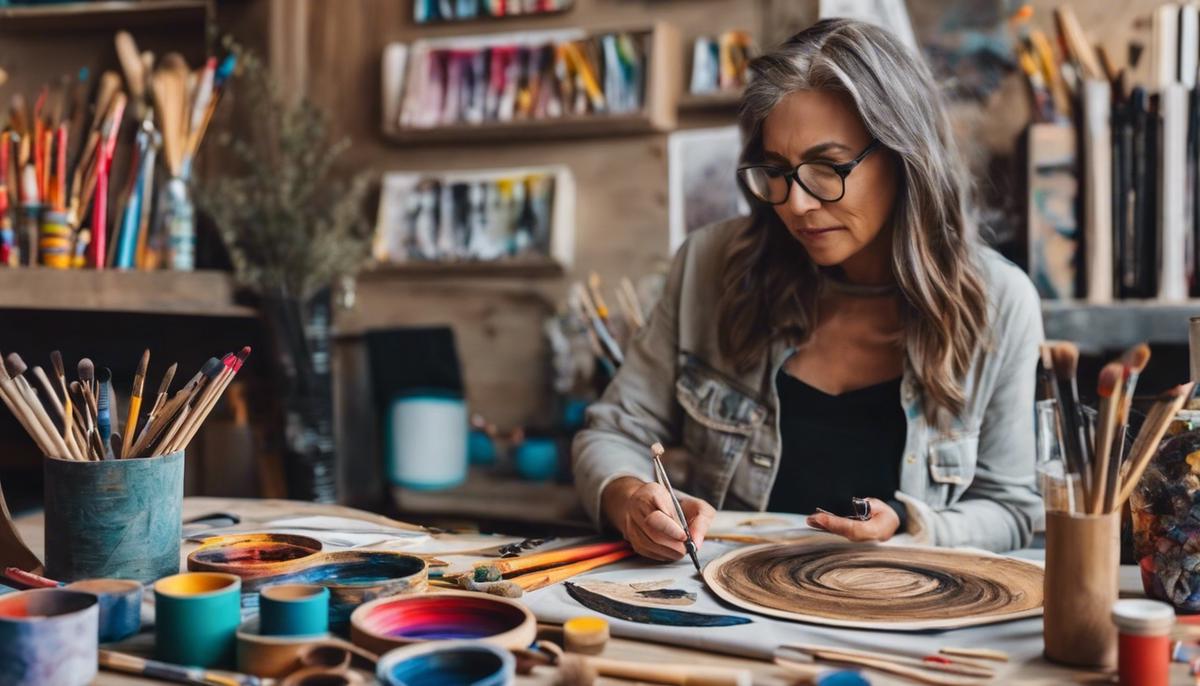 Image depicting a person engaged in art therapy, using various artistic tools and materials to create artwork.