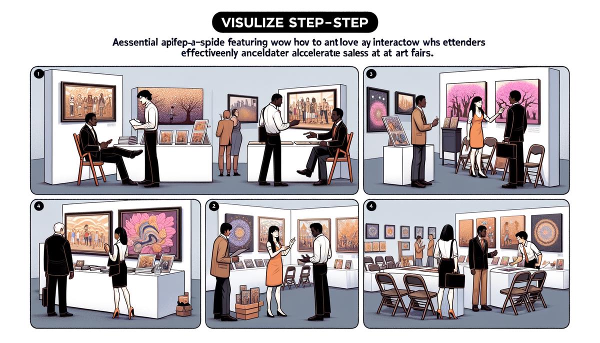 A visual guide with tips and strategies on how to effectively engage with attendees and boost sales at art fairs.