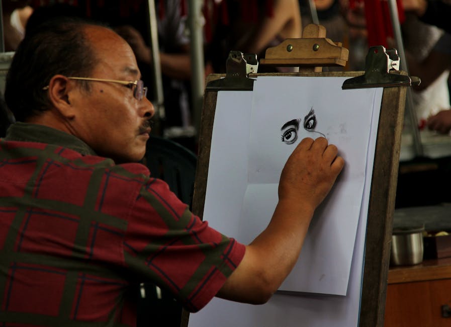 An artist carefully observing and sketching a three-dimensional object, with visible shifts in light and shadow