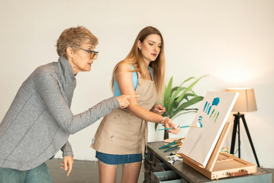 An image showing an artist working on a canvas, surrounded by various tools and tasks, representing the concept of task prioritization for artists.